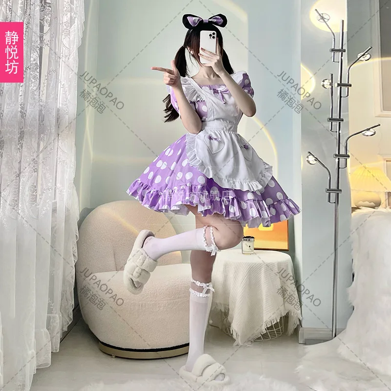 Sweet Lolita OP Maid fur s for Women, Pink Soft Girl, Princess Bow, Ruffle Dot, Polka fur ses, Kawaii Cosplay Costume, New, 2024