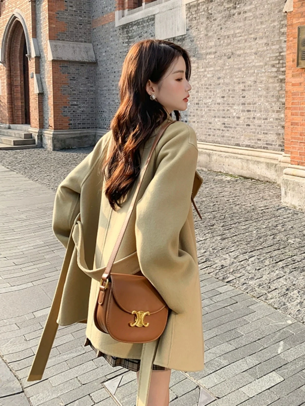 카키색 양면 카메레 티엔드 울 코트 여성용 스몰 사이즈 고급 한국 스타일 출퇴근용 단색 코트