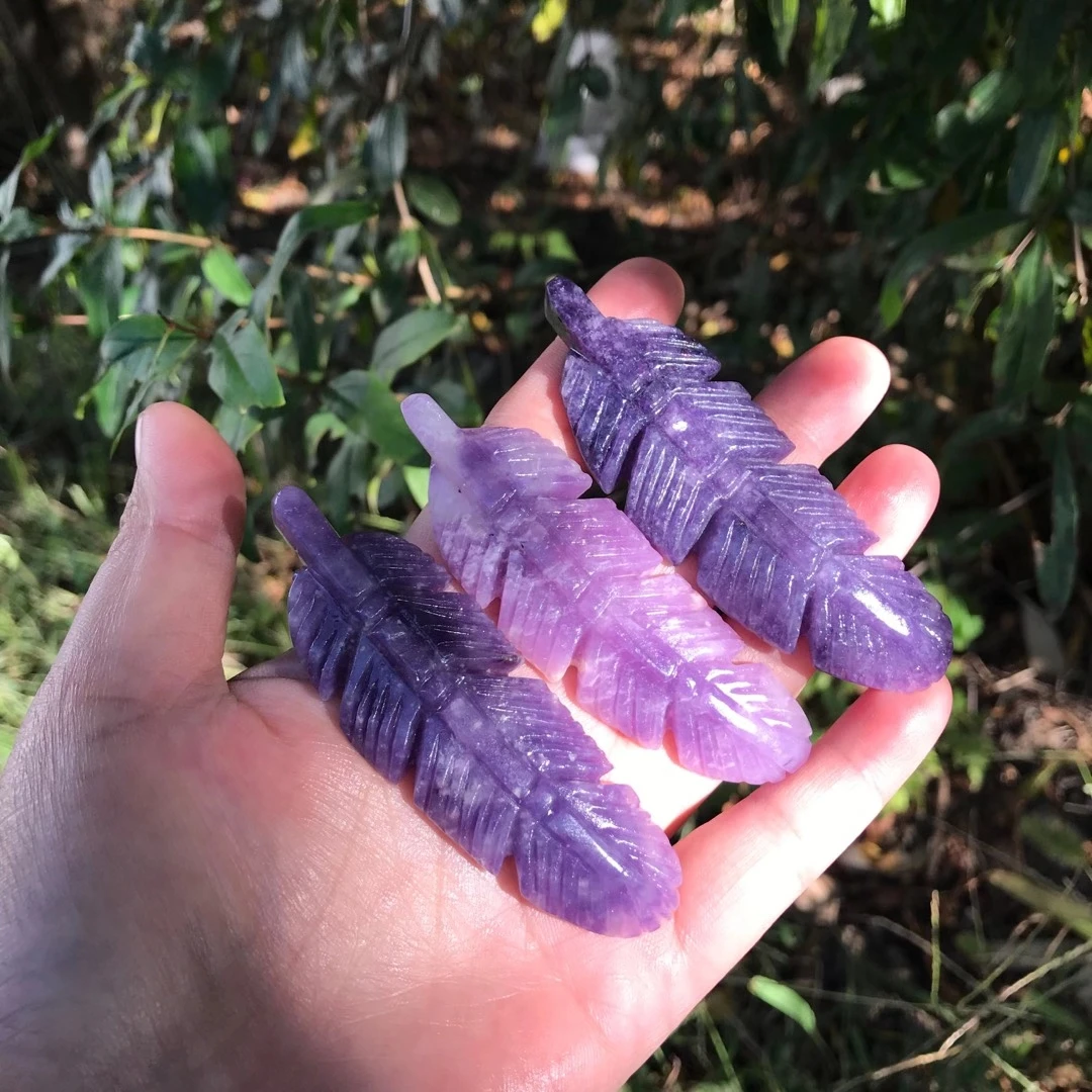 3pcs 8cm Natural purple mica、 ocean jasper Stone Feathers Crystal Carved Feathers Home Decoration Reiki Healing Gifts