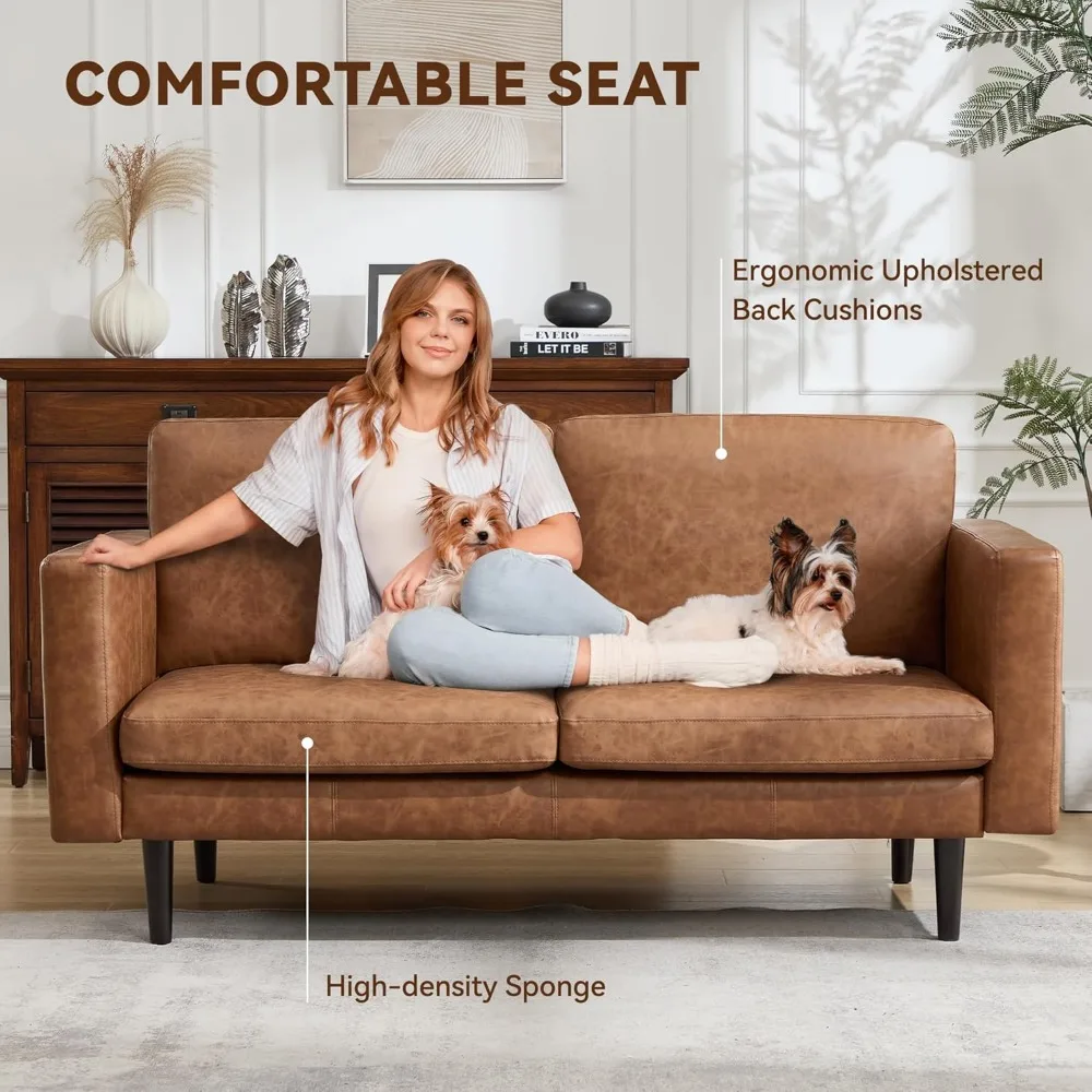 أريكة بمقعدين حديثة من الجلد الصناعي في منتصف القرن مع إطار خشبي صلب لغرفة المعيشة وغرفة النوم