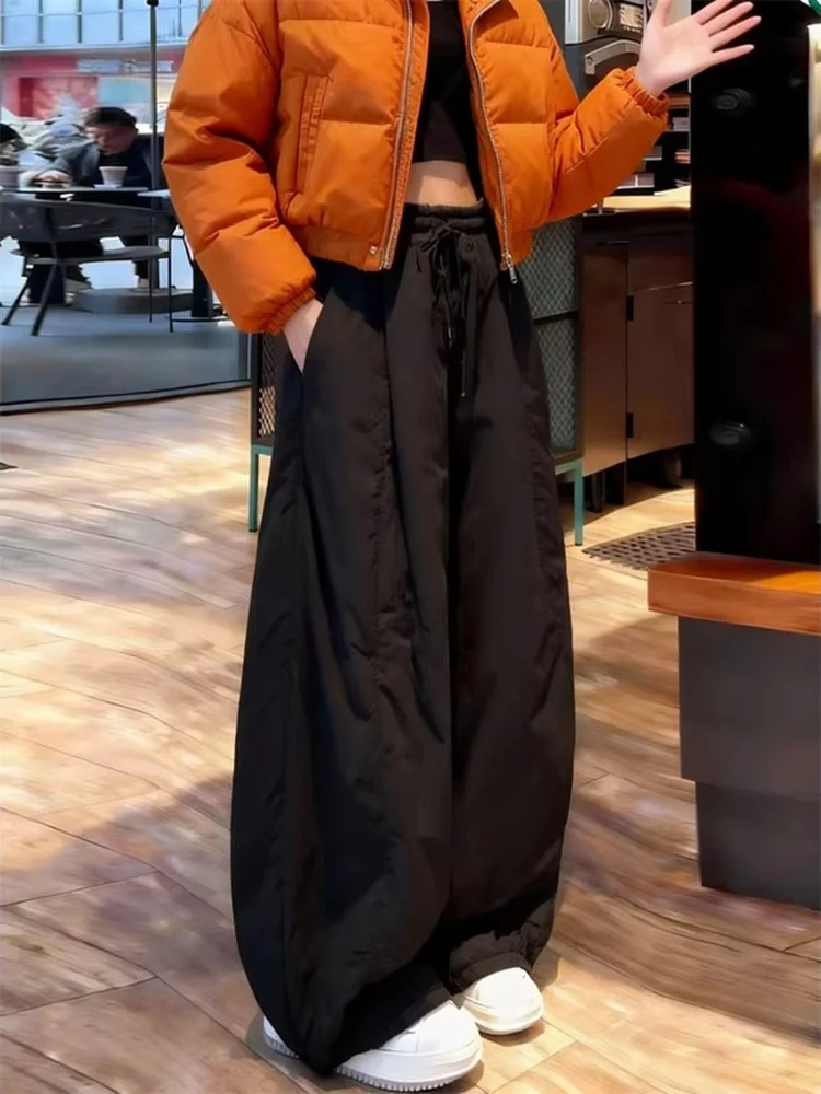 

Зимние женские хлопковые брюки с высокой талией, теплые повседневные брюки-палаццо, термо-плиссированные свободные прямые брюки