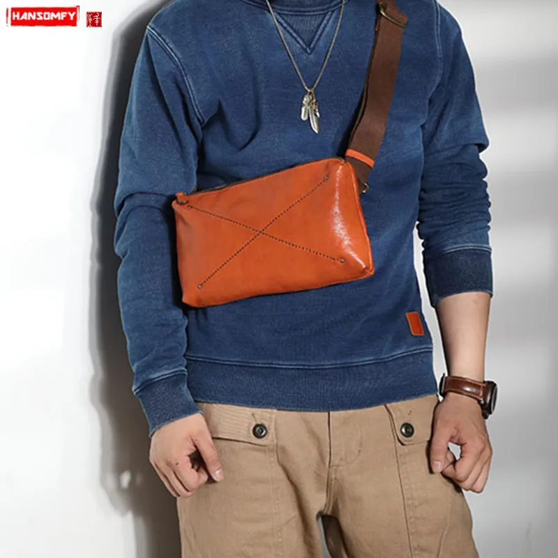 Men's Chest Bag Genuine Leather Male Small Chest Pack Crossbody Bag Men Shoulder Bags 2024 New Original Hand Stitched Leather