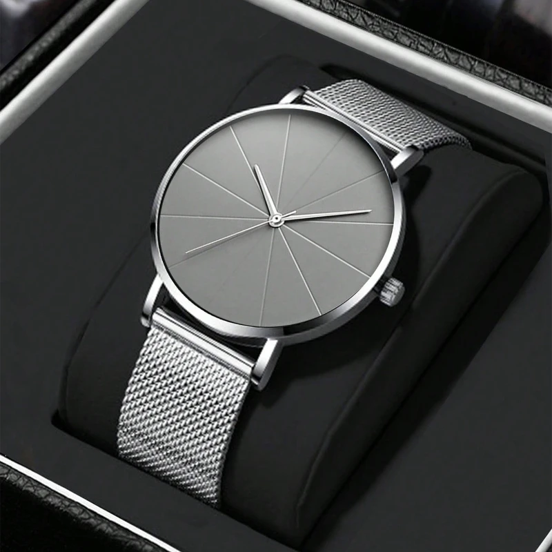 Conjunto de reloj informal elegante, reloj con esfera ligera plateada Simple, reloj de cuarzo y pulsera, regalo de Navidad para hombres