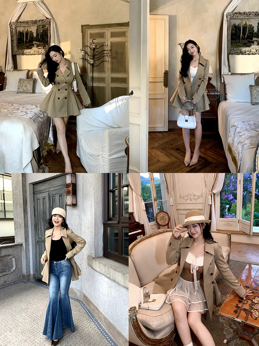 

Cherry Desire plus Size Briti Sle Double Breasted A-Line Pleated Khaki Color Coat Windbreaker Commute Slim Fit Long Sve