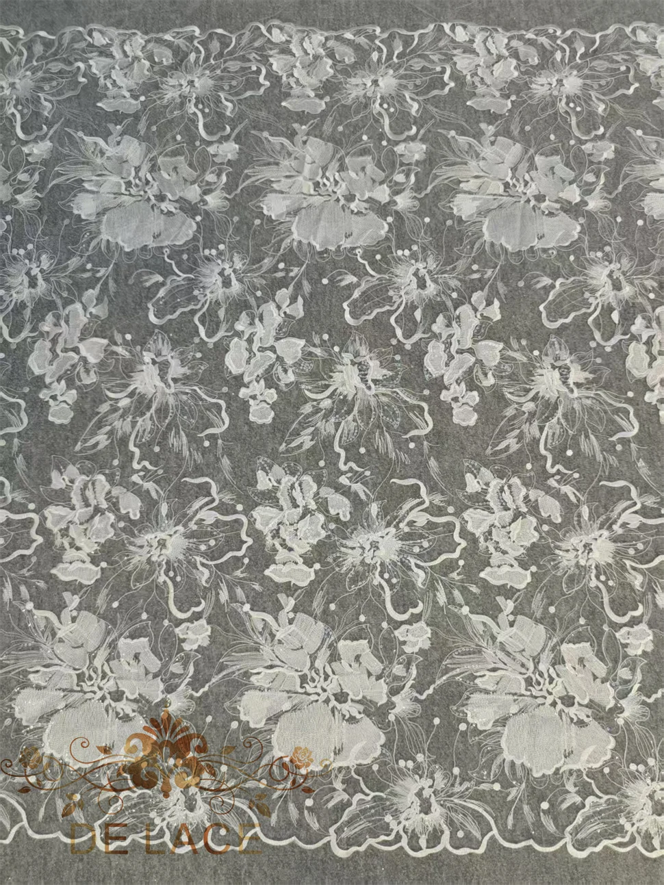 Simple Elegant Floral Embroidered Lace Sequins Fabric Flower Pattern Wedding Dress Lace Fabric