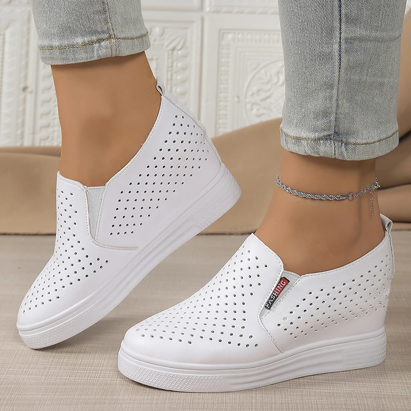 Zapatos de cuña oculta de suela gruesa para mujer, zapatillas informales transpirables de Color sólido, cómodas zapatillas de plataforma blancas sin cordones