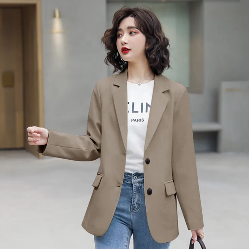 Spring Autumn Loose Style Women's Suit Jacket Khaki Color Interview Outfit Commute Fashion Polyester Fiber Long Sleeve