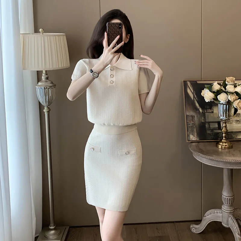 Conjunto feminino de malha cáqui, 2 peças, gola polo, manga curta, camiseta + cintura alta, saia quadril enrolada, conjunto casual