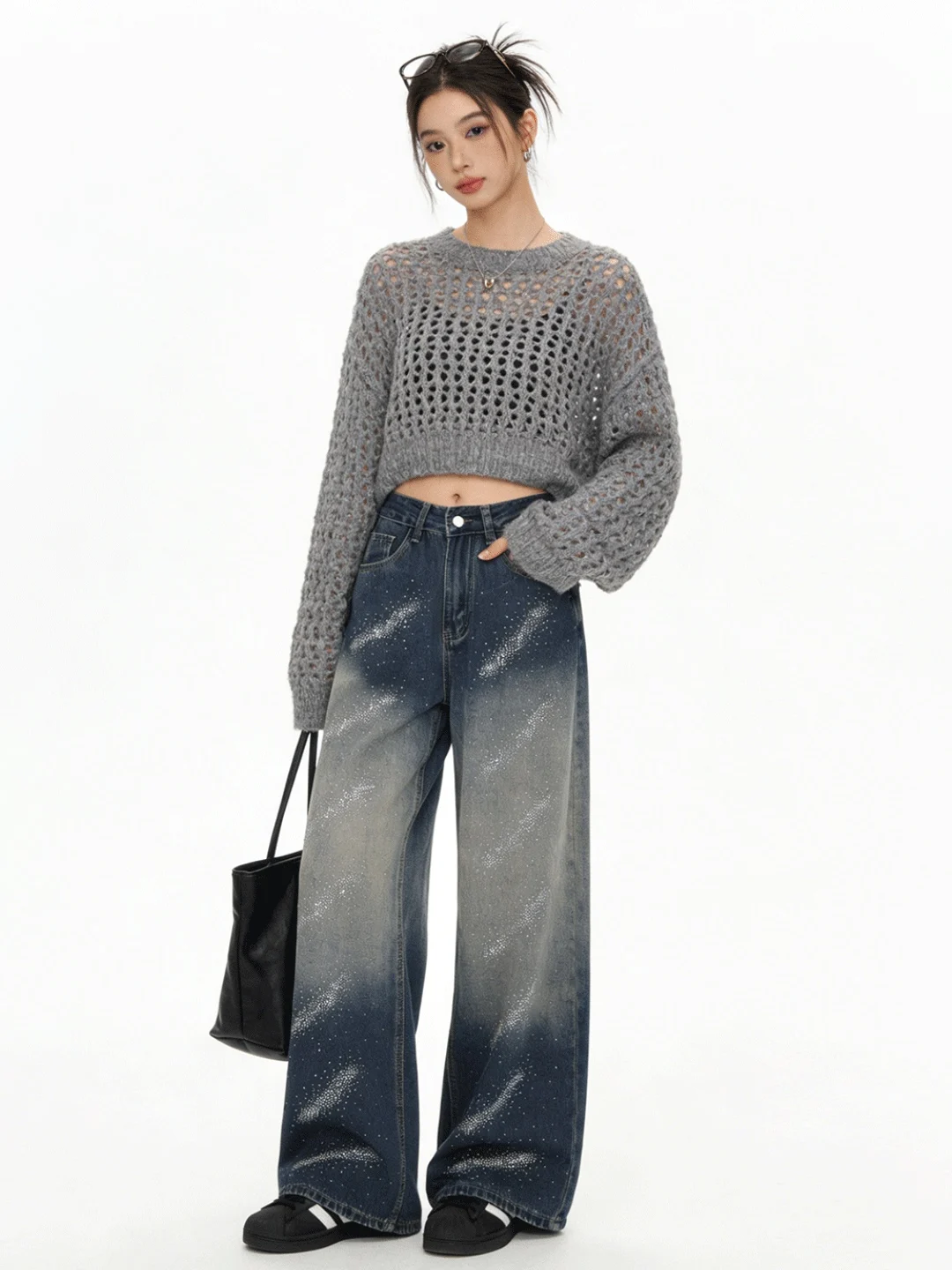 

Ретро-джинсы синего цвета с градиентным эффектом, синими стразами и богатой отделкой, с высокой талией, из мягкого денима, широкие брюки, новинка весны, модные, струящиеся, элегантные