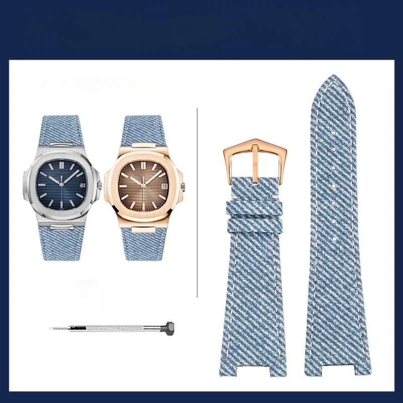 Cinturini per orologi in pelle di tessuto fatti a mano da 25 mm adatti per Patek Philippe Nautilus PP5711/5726/5980 Cinturino con tacca in denim
