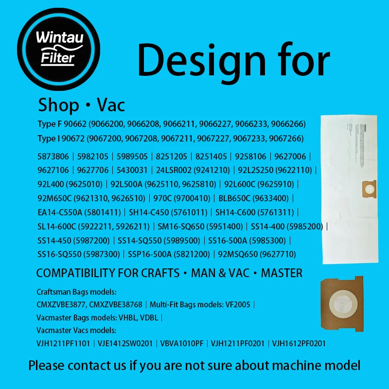 أكياس غبار المكنسة الكهربائية المقاومة للتمزق متوافقة مع Shop-Vac Type F Type I