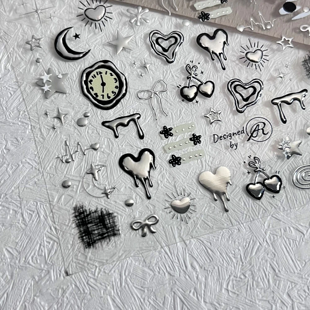 1 foglio 5D argento liquido a forma di cuore adesivo per nail art punk fiocco in rilievo piccolo fiore ciliegio pentagramma decalcomanie per unghie manicure fai da te