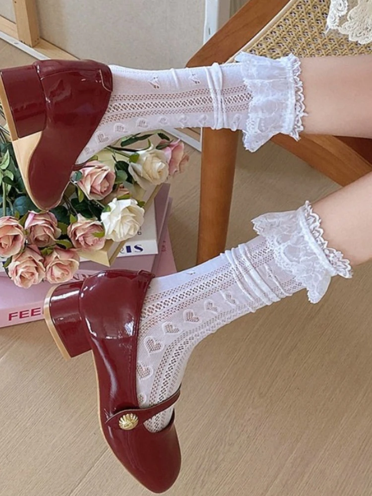 New Heart Pattern White Socks Summer Ballet Style JK Lace Frill Mesh Mid-tube Socks Women Breathable All-match Long Slouch Socks