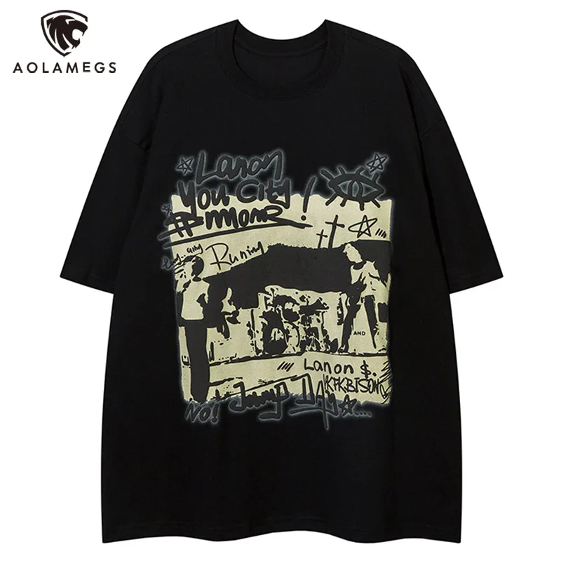 

Men's Graffiti Printed T-Shirt American Street Hip Hop Tops Retro Washed Short Sleeved Loose Oversize Versatile Tops Unisex