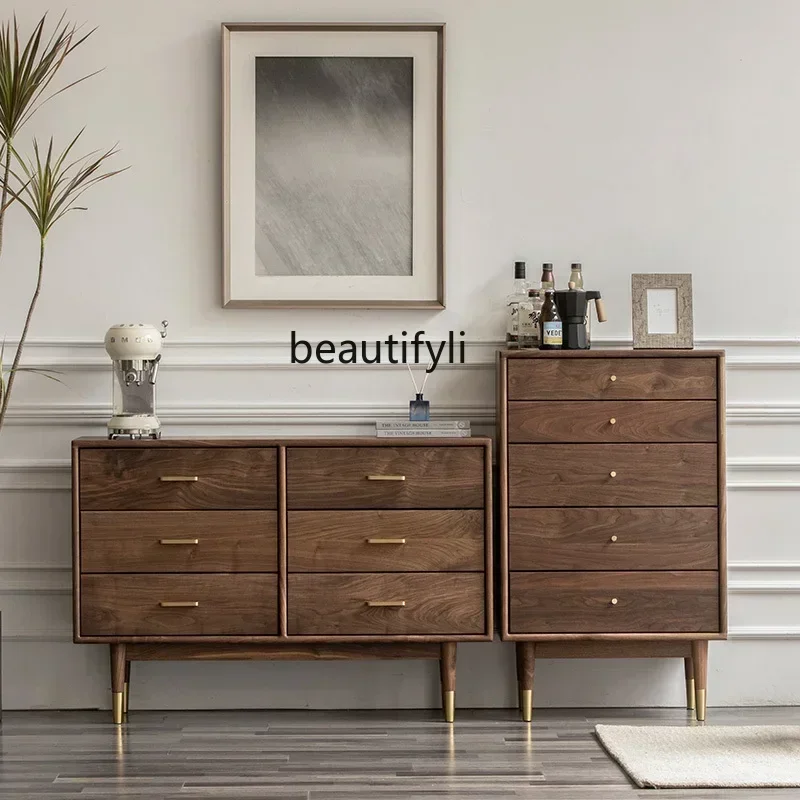 الشمال خشب متين أقدام نحاسية تسعة أدراج خزانة الجوز الأسود غرفة نوم خزانة غرفة المعيشة #3