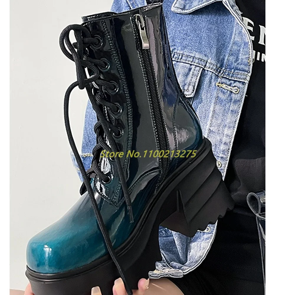 

Patent Leather Muffin Thick Sole Booties Lace Up Square Toe Gradient Platform Shoes Block Heel Fashion 2024 New Arrivals Winter