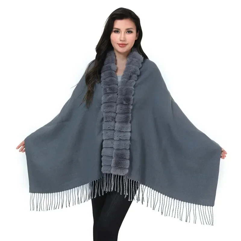 Poncho Women New Solid Color Cloak Autumn and Winter Warm Tassel Imitation Fur Collar Shawl Lady Scarf Party Coat Coffee