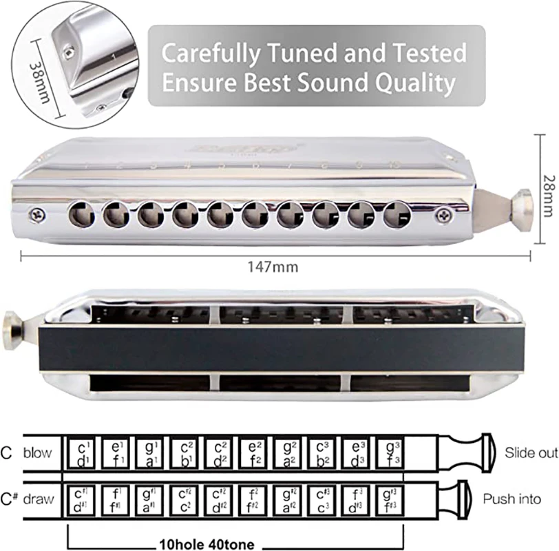 T10-40 Chromatic Harmonica Key of C,10 Holes 40 Tones Professional Mouth Organ with Slide for Adults, Professionals and Students