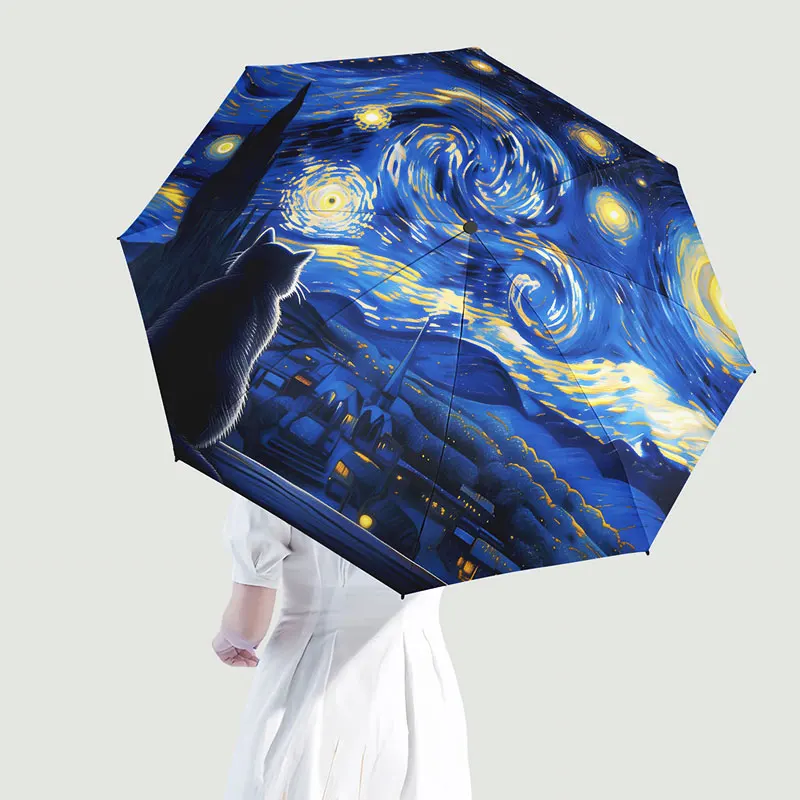 Night cat Folding umbrella Creative oil painting travel compact portable uv protection rainy strong windproof for women and men