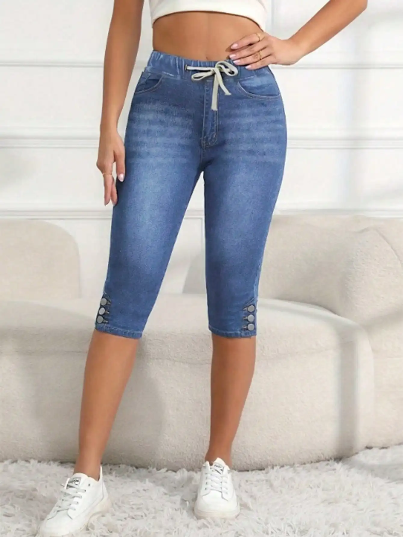 

Women's High-Waisted Button-Tight Denim Capris Trendy Drawstring Casual Fit Cotton 2/4-Length Pants