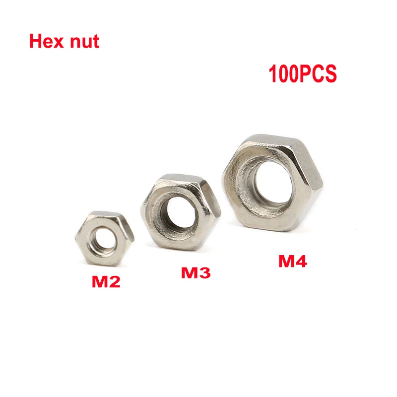 100PCS Steel Hex Nuts M2 M3 M4 Hex Metric thread DIN934  For DIY Model Making Coupling Fastening Screws