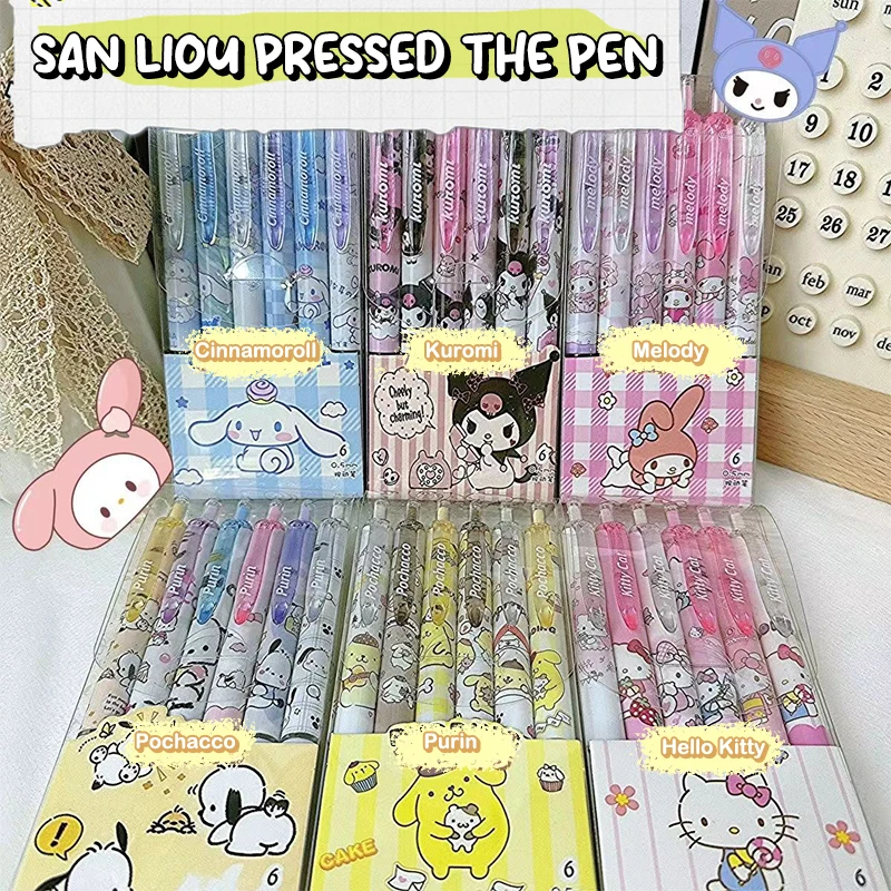 Sanrio-bolígrafos de Gel Kawaii para oficina, bonitos bolígrafos Kuromi Hello Kitty Melody de 0,5mm, prensa de tinta negra, bolígrafo a base de agua, bolígrafo de firma, 6 unids/lote por caja