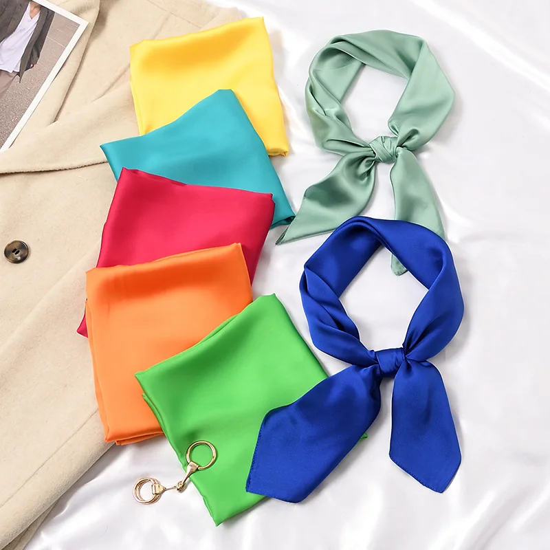 

New 70*70cm Solid Silk Handkerchief Small Hair Scarf Women Cute Plain Scarfs Female Fashion Neck Scarves for Ladies