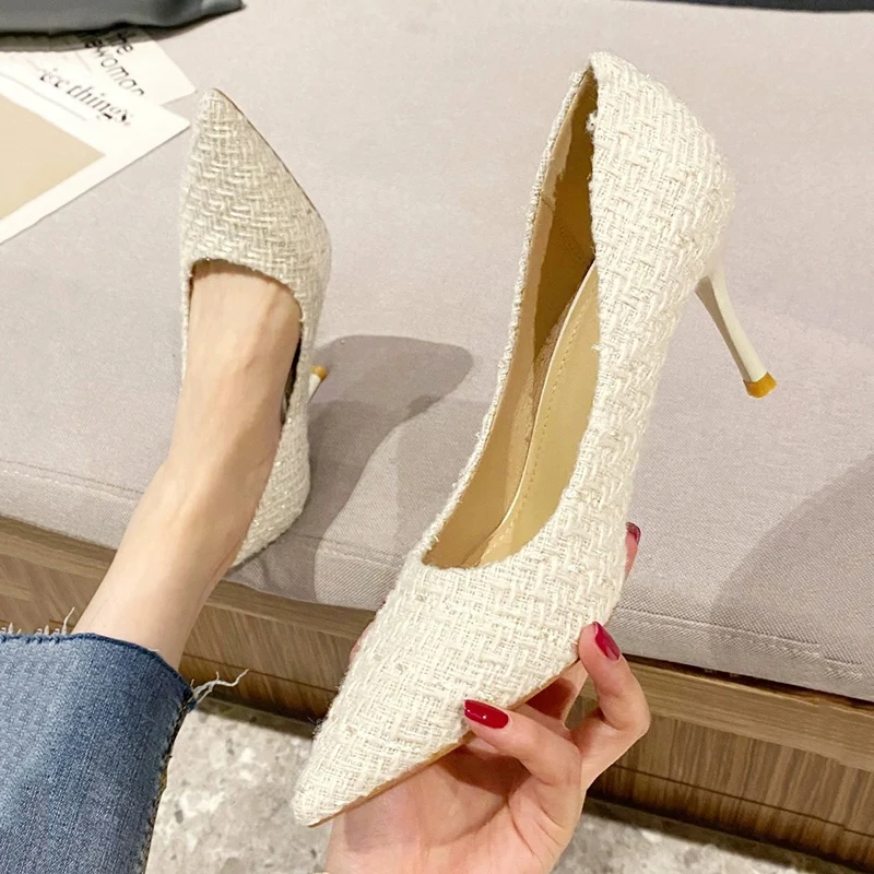 Tweed Cloth Pointed Toe Pumps Ladies Elegant Thin High Heels Office Shoes Women Brand Designer Slip On Stiletto Heel Party Shoes