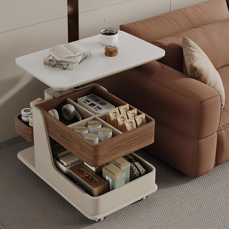 ML Multi-functional mobile sofa side table can be lifted solid wood coffee table modern simple medieval style