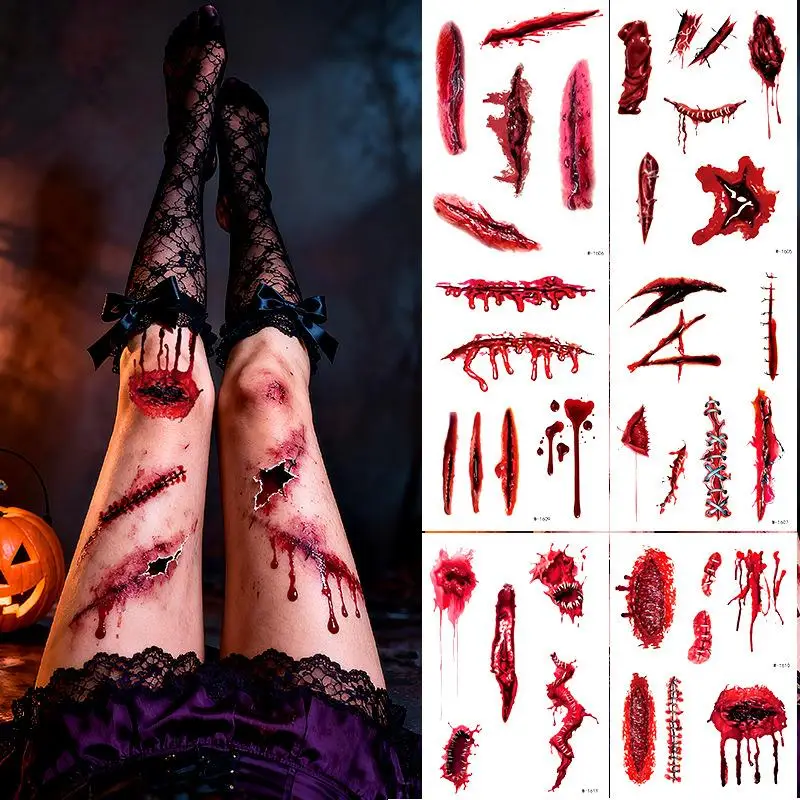 1 Sheet Halloween Scar Tattoo Stickers Temporary Bloodstain Wound Costume Accessory for Festival Celebration Make-Up Arm & Face