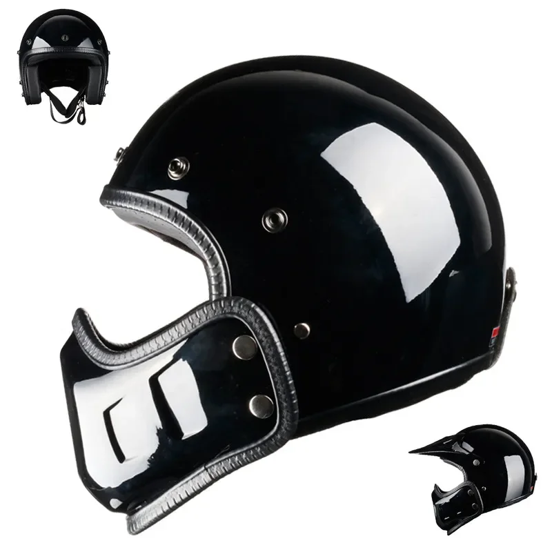 Gloss Black DOT Motorcycle Helmet Retro Cafe Racer  Vintage Motocross Open  Kask Full Face Casco Modular Ce