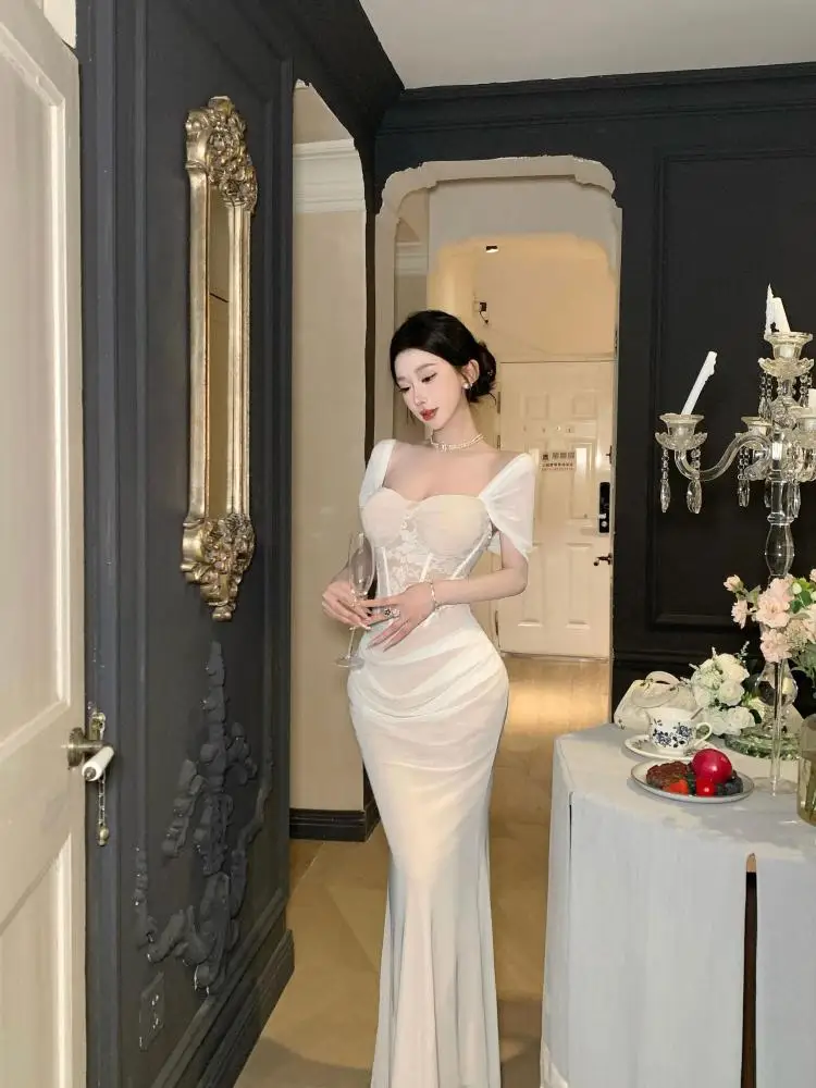 جديد إمرأة خمر الأبيض المرقعة الدانتيل أنيقة قصيرة الأكمام عالية الخصر فستان الصيف مثير نادي عارية الذراعين مطوي مساء فستان طويل #1