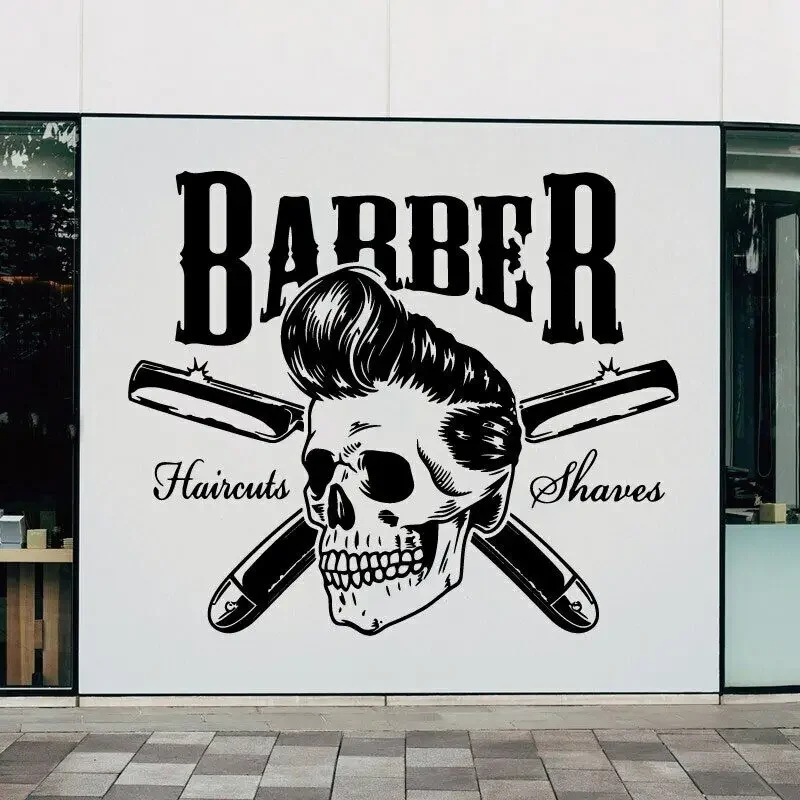 Text Style Can Be Customized for Hairdresser Barbershop Wall Sticker Razor Shaving Barbershop Window Door Decorative Vinyl Decal