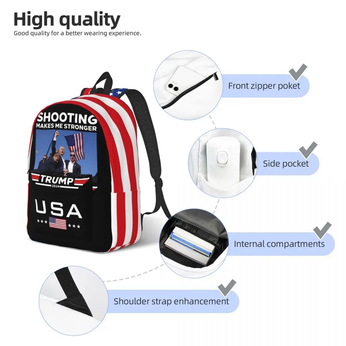 Trump Shooting Makes Me Stronger 2024 Backpack for Men Women Cool Daypack Assassination Attempt Fight Shooting 2024 Canvas Bag