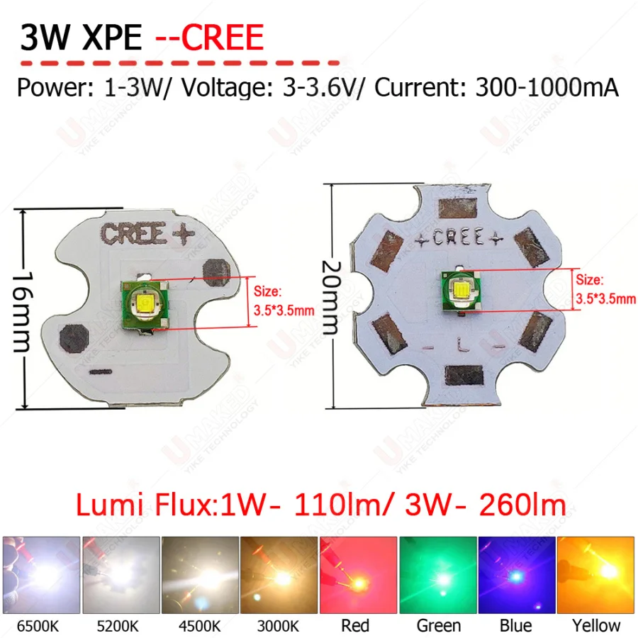 10pcs  3W 3535 CREE XPE LED Emitter diodes bead WW/W/R/G/B/RGB High Power LED chip on 16mm/ 20mm PCB For Bicycle/Head lamp