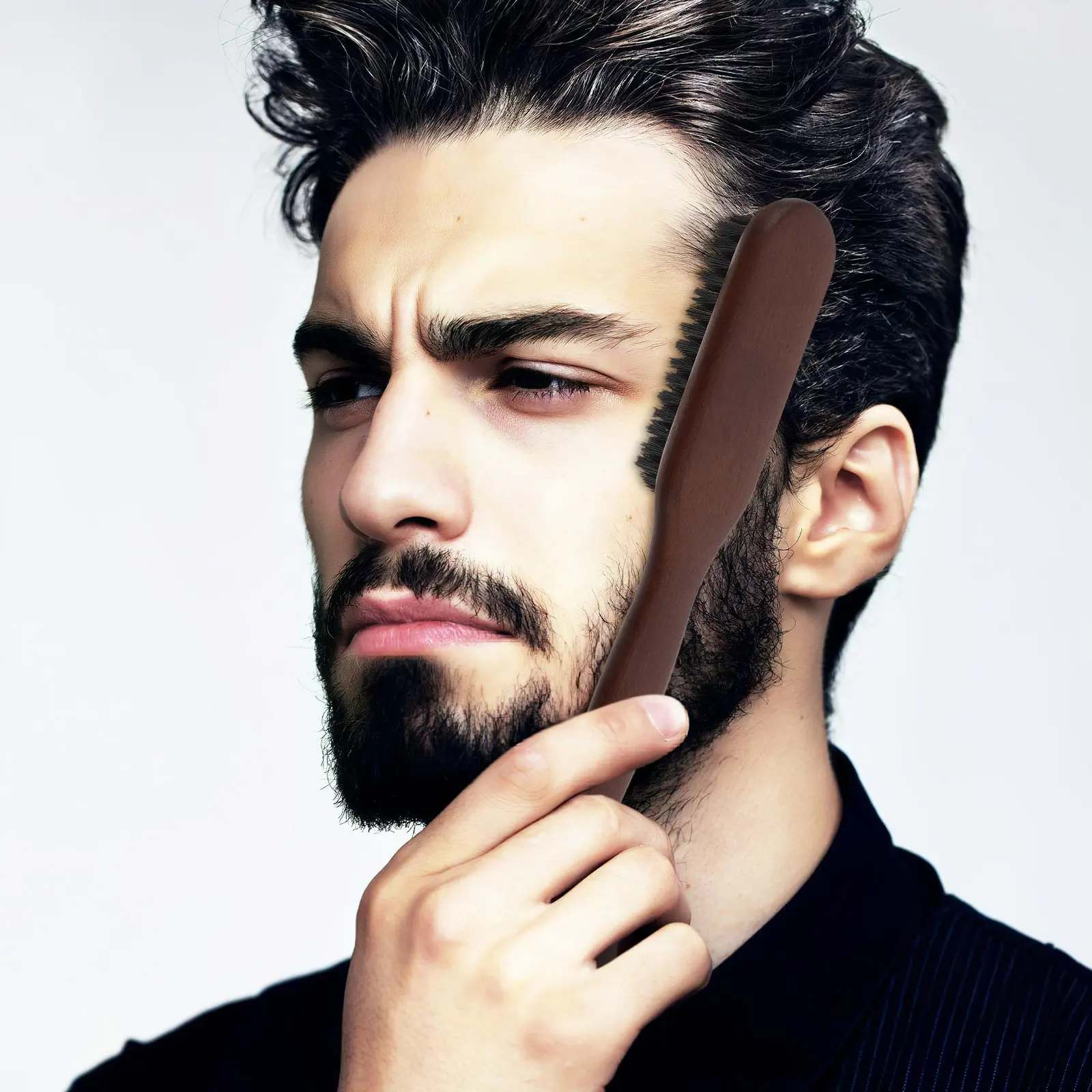 Beard Brush for Men Solid Wood Handle Fine Teeth Oil Distribution Styling Grooming Tool for Travel