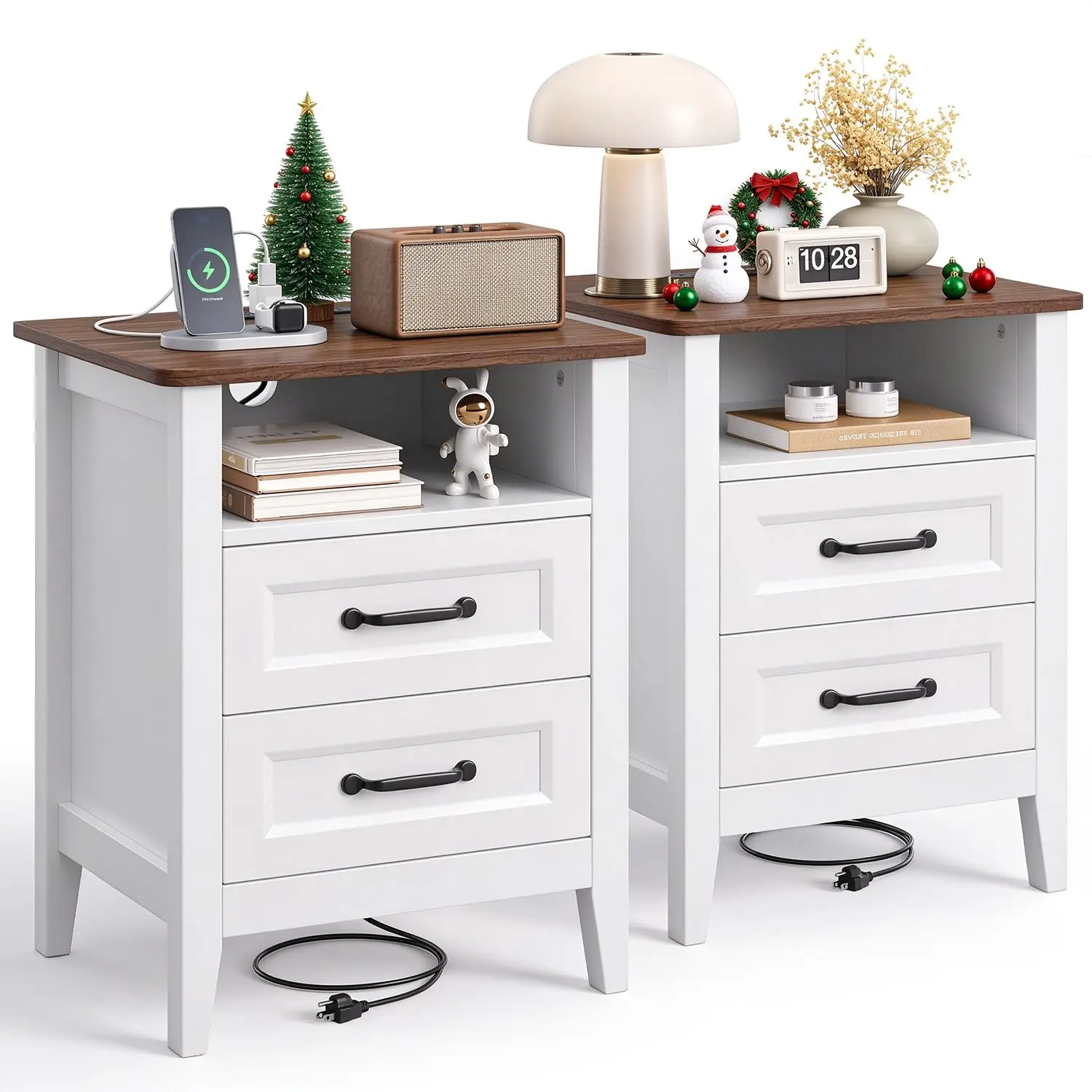 Nightstand Set of 2, White Bedside Tables with Charging Station, 2 Drawers and Open Shelf, Rustic Wood End Tables for Bedroom