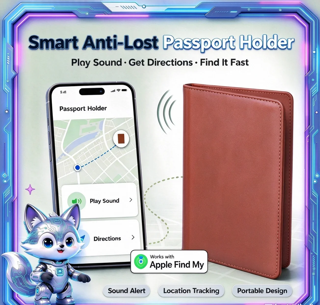 Find My Enabled Passport Holder, Travel Business Card & Document Organizer, Smart Locator Passport Cover For iOS