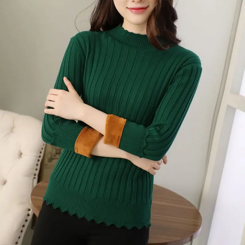 Autumn and Winter Padded Sweater Women Thickened Pullover Half High Neck Slim Knit Sweater Bottoming Shirt Warm Tops