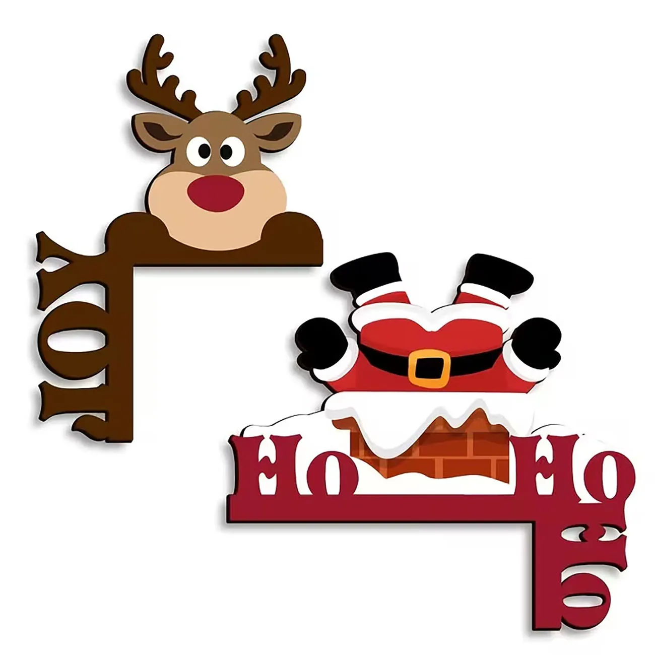 2Pcs Wooden Christmas Door Corner Decor Santa Stuck In Chimney Reindeer Head Ornament Xmas Door Frame Home Holiday Decoration