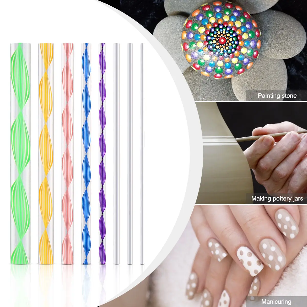 8Pcs Dotting Rods Acrylic Nail Point Stick Dual-Ended Manicure Dotting Tools for Nail Art Wood Fabric Metal Art