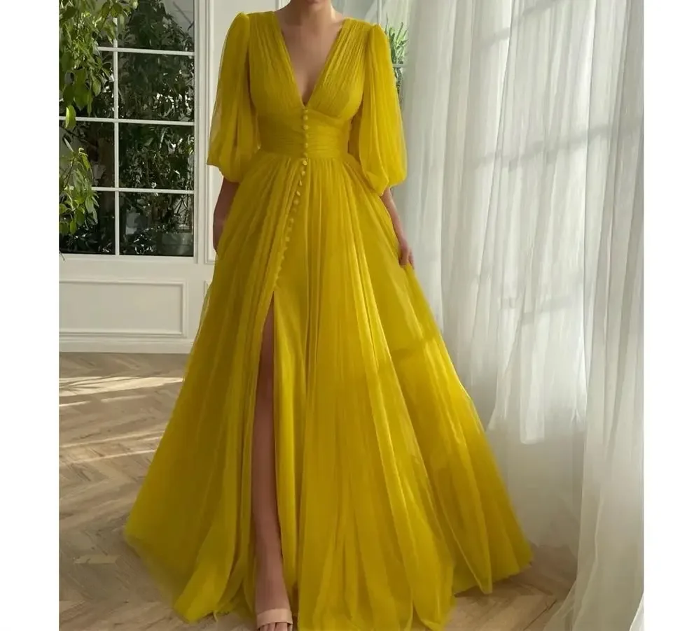 

OLOEY Simple Tulle A Line Evening Dresses Arabic Women V Neck Puff Sleeves V Neck Floor Length Prom Gowns Formal Occasion