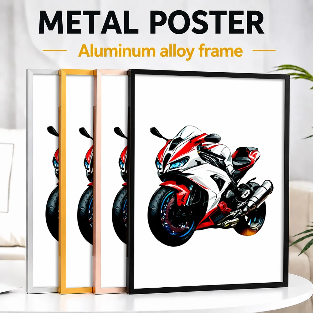 Red Blue Sport Motorcycle Framed Metal Print Personalized Illustrated Wall Art For Rider Lounge Or Garage, Motorsport Fan Gift