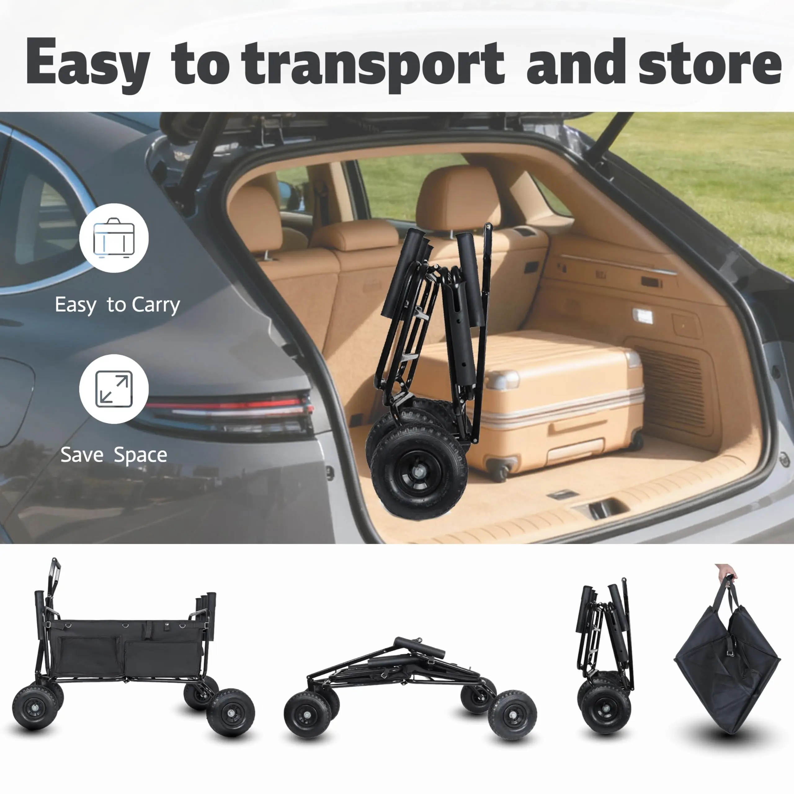 Fishing Cart Beach Cart Collapsible Wagon with 9.85'' Wheels, Heavy Duty Garden Cart with Rod Holders,Umbrella Holder