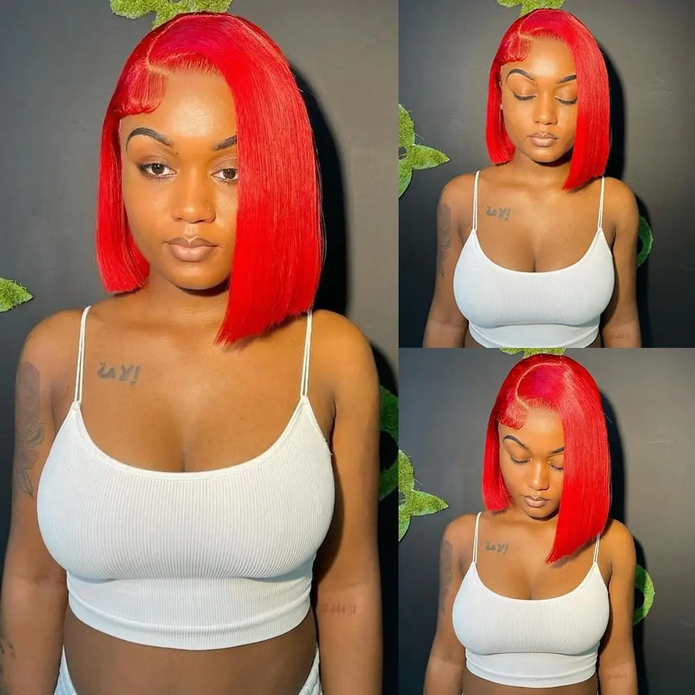 Cherry Red Bone Straight Blunt Cut Bob Wig Human Hair 13x4 Lace Frontal Wig Natural Hairline Human Hair Red Bob Wigs