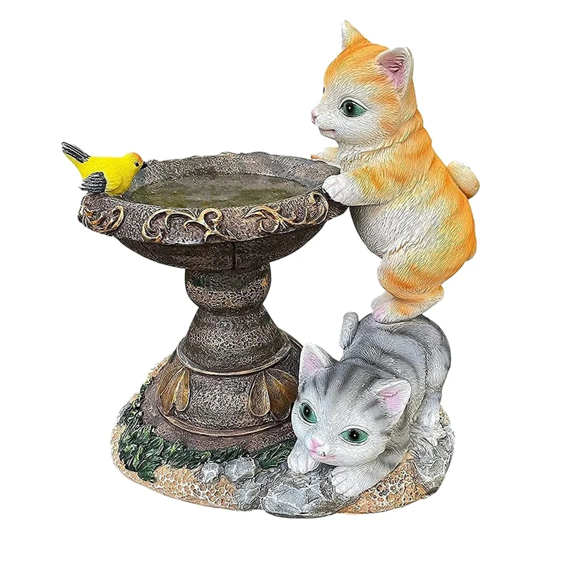 

AT35 Garden Statues Bird Bath Figurine Solar Powered Resin Cats Bird Fish Sculpture, Garden Figurines Outdoor For Patio, Lawn