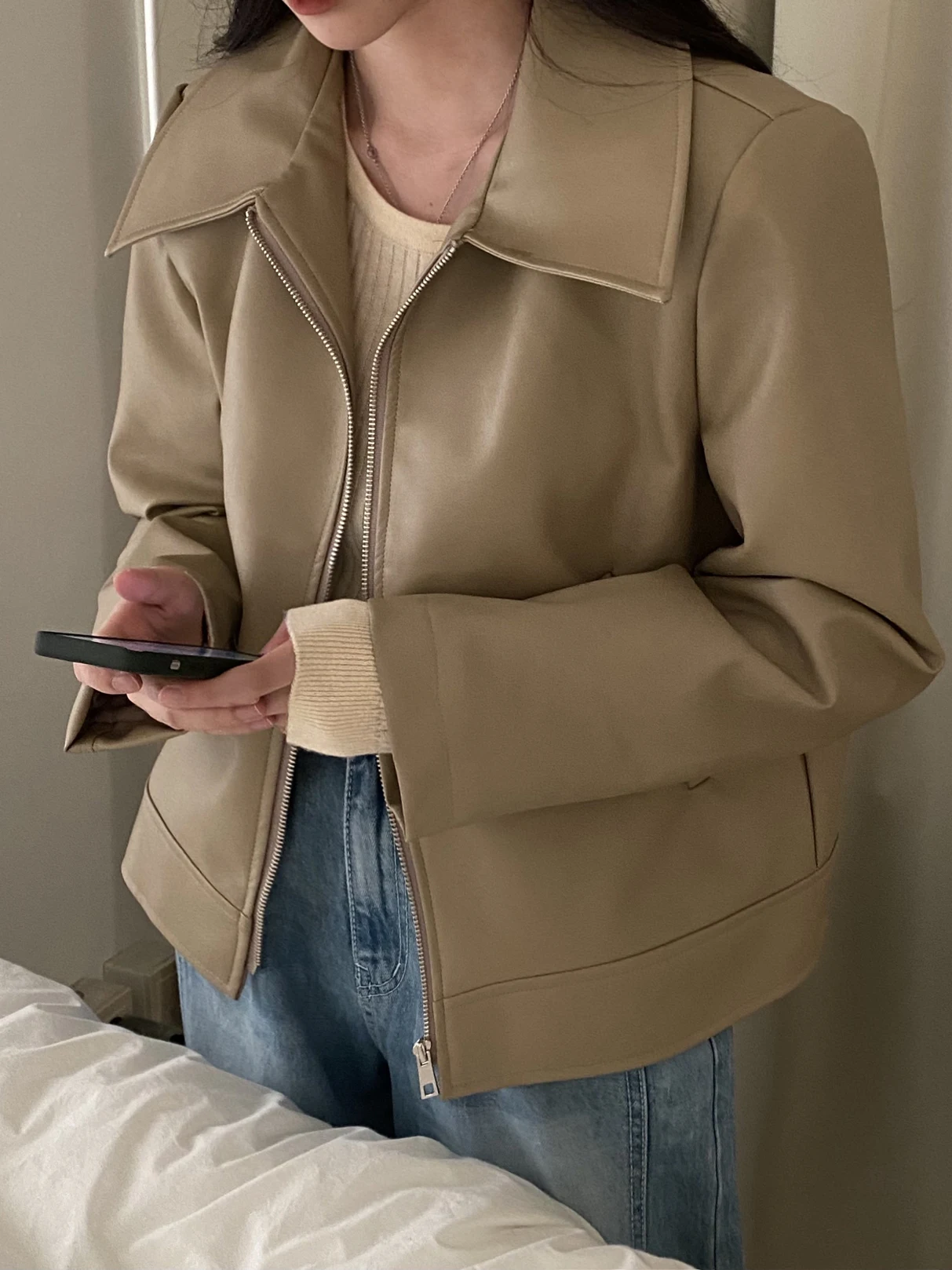 Sli Cool Girl's Biker Leder Jaet Damen Faionable Herbst Winter Long Sve PU Leder Reißverschluss Oberbekleidung