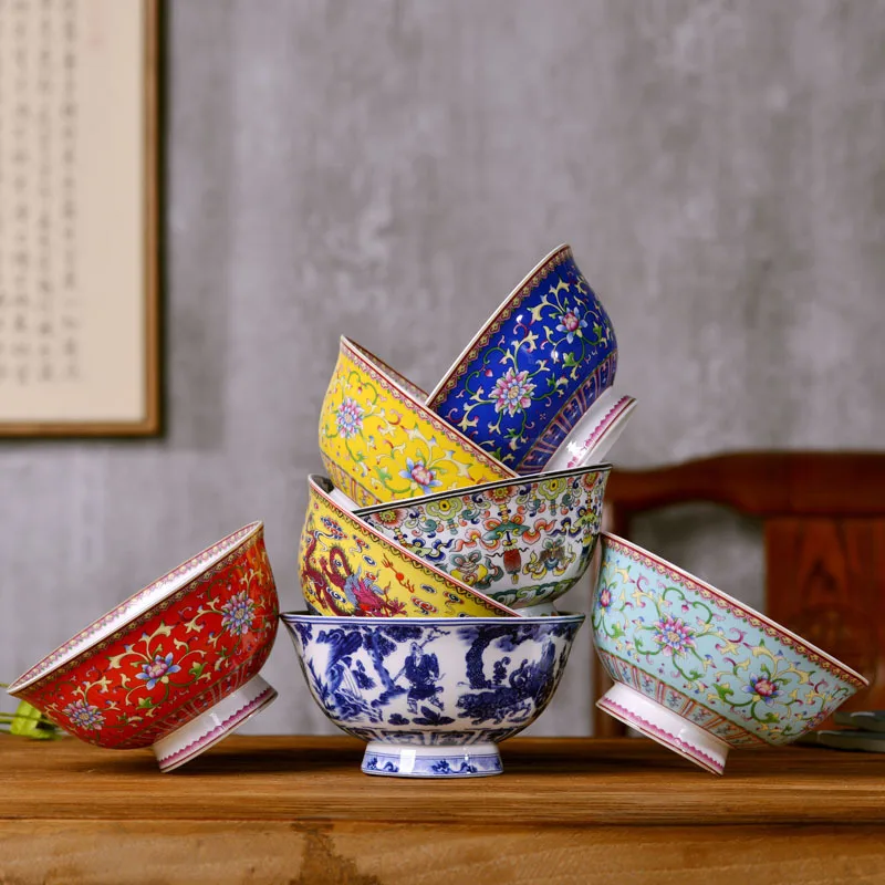 Jingdezhen ceramic enamel 4.5-inch small soup bowl bone china high-foot noodle bowl household rice bowl Chinese ramen tableware