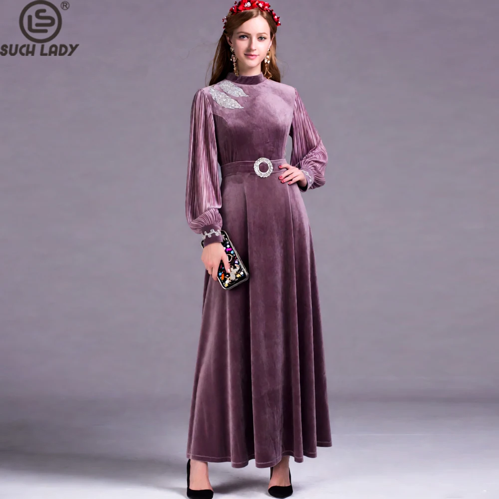 Women's Velvet Maxi Dress,Long Sleeve High Neck Gown with Rhinestone Leaf Embellishment, Detachable Belt & Crystal Buckle