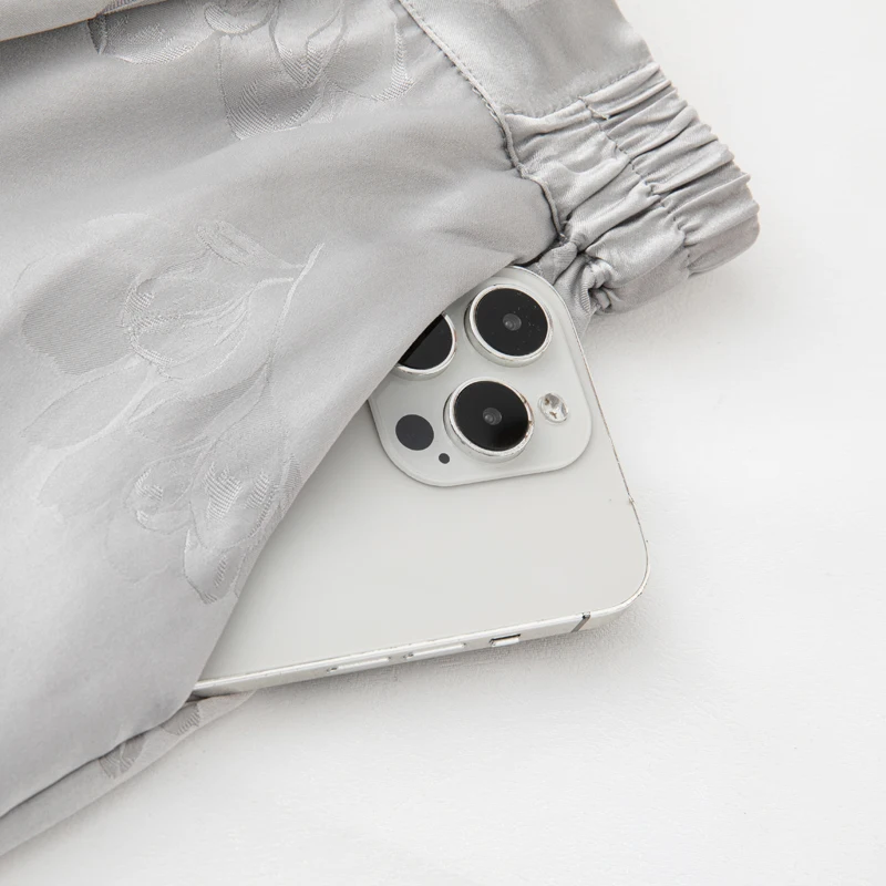 30MM Heavy Weight 100% Natural Mulberry Silk Jacquard HuaLuo Women's Elastic Waist Loose Silver Gray Straight Tube Drop Pants